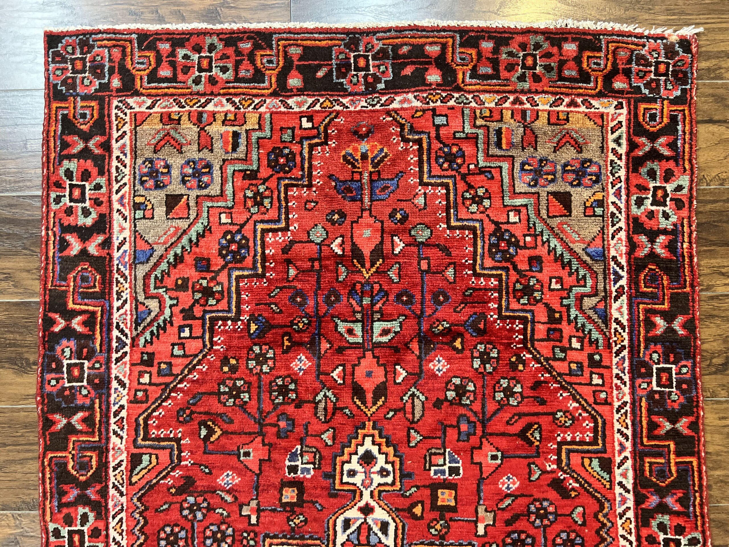 Antique Persian Tribal Rug 4x7, Red, Geometric Medallion, Handmade, Wool, Persian Zanjan Rug - Image 3